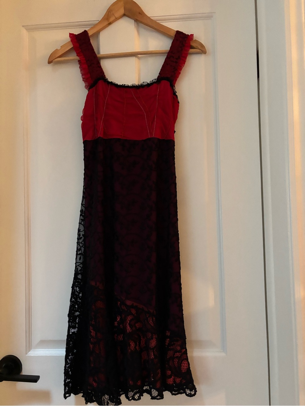 Red and Black Lace Midi Dress - Women